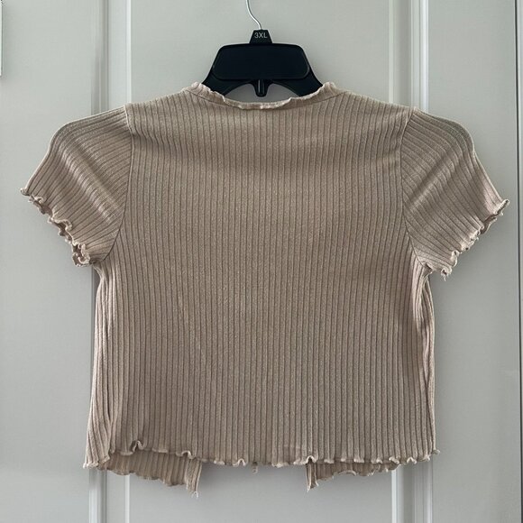 Ribbed Beige Tie-Front Crop Top With Ruffle Trim By Gaze Short Sleeve Size S - Picture 2 of 5